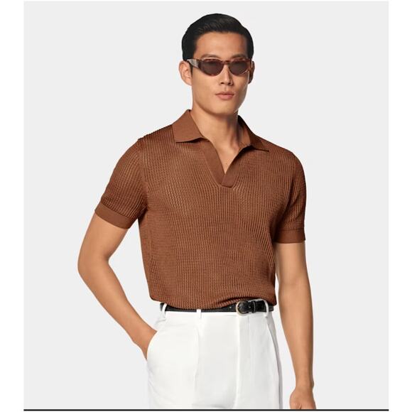 Suitsupply Crochet Buttonless Polo Shirt Mens S Rust Brown Cotton Silk Open Knit - Picture 2 of 13